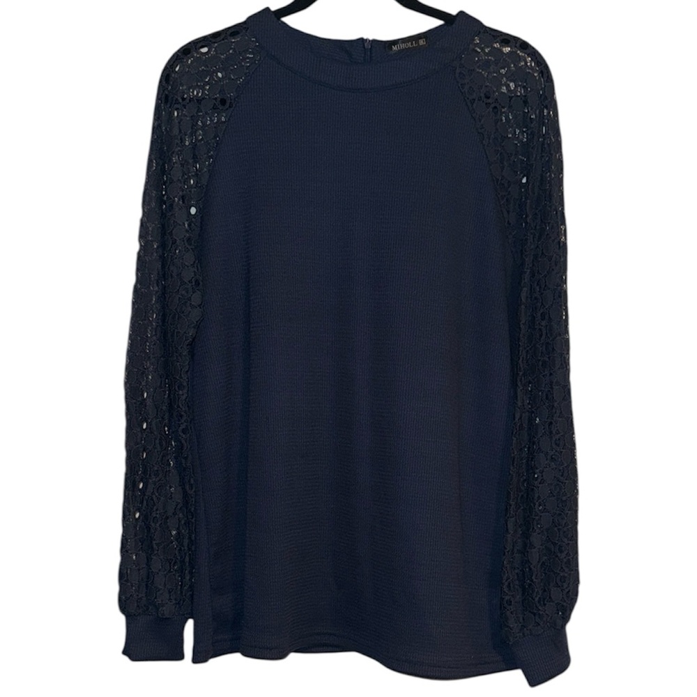 🖤 Miholl Navy Blue Thermal Textured Top with Lace Long Sleeves